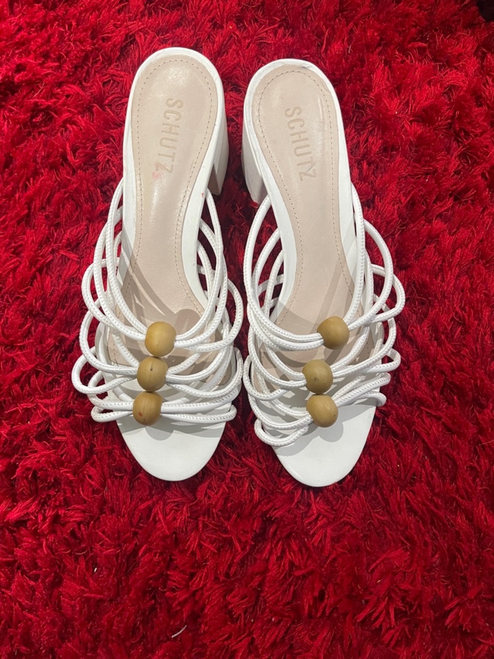 Schutz White Strappy Beaded Mule Heels